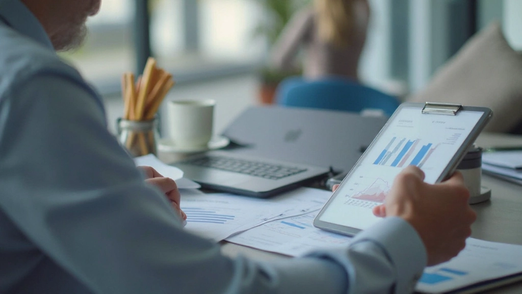 Человек изучает финансовые данные и бюджетные диаграммы на планшете в офисе