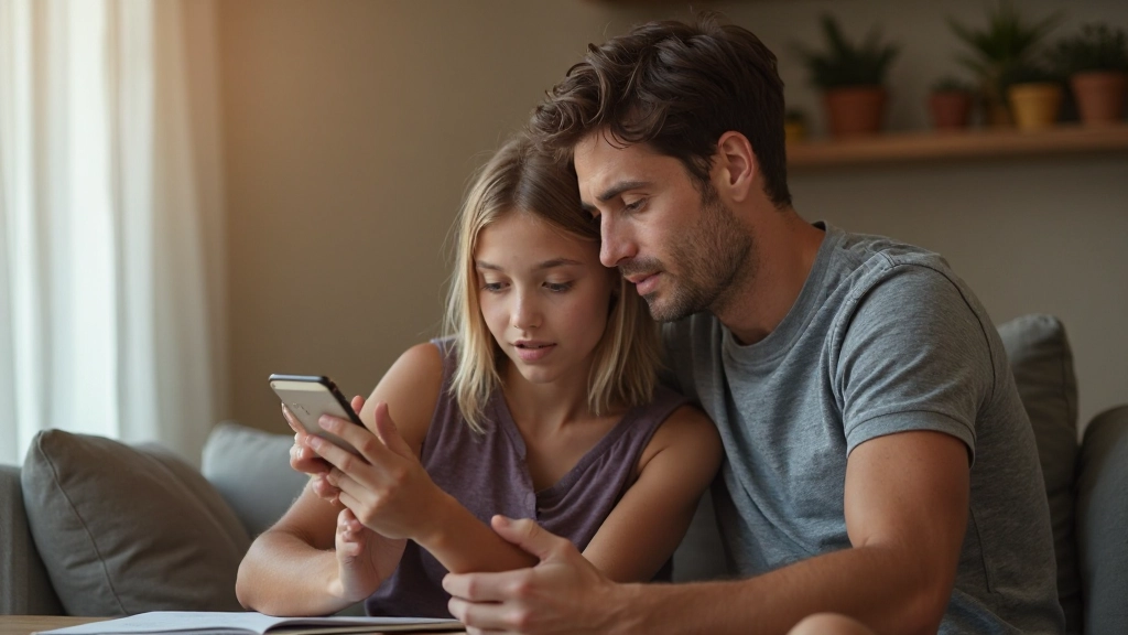 Подросток изучает финансовые приложения на смартфоне с помощью родителя